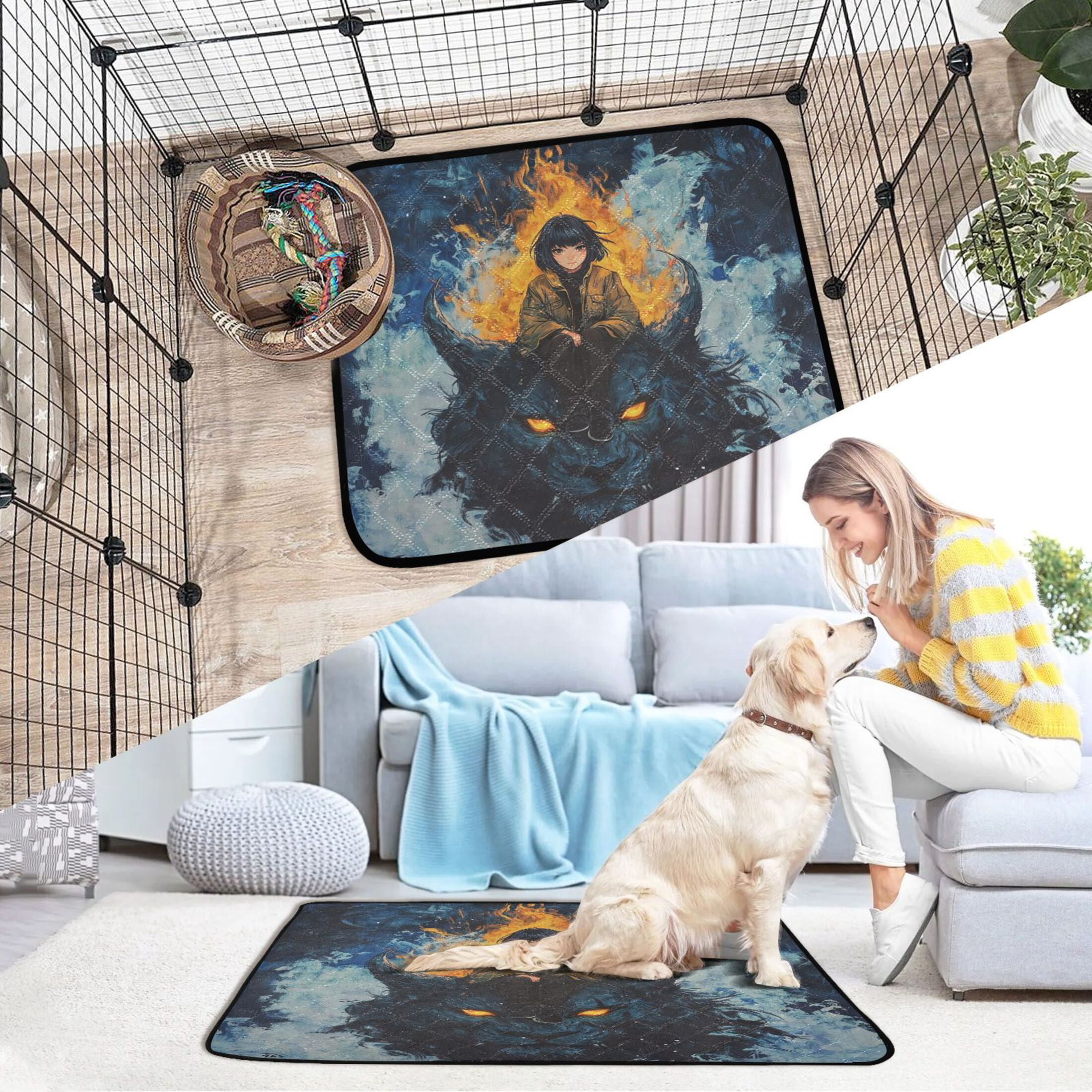 Qxltty A Lass Sitting on Dark Lion Cat litter Pads Pet Set of 3 Diaper Mats Center Anti-leakage Layer Absorbent Soft and Comfortable
