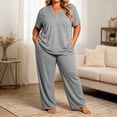 thumbnail image 4 of Bixock Plus Size Women Pajamas Sets 2 Piece Long Sleeve Pajama Set with Drawstring Pants and Pockets Solid Color Loungewear Maternity Clothings, 4 of 5