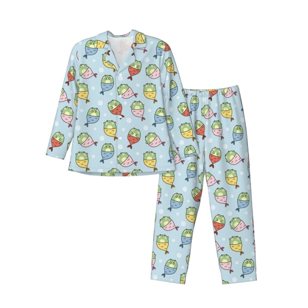 Balery Frog In Mermaid Pijama para Hombre de Dos Piezas con Manga Larga, Conjunto de Dormir y Descanso Suave con Bolsillos-Medium