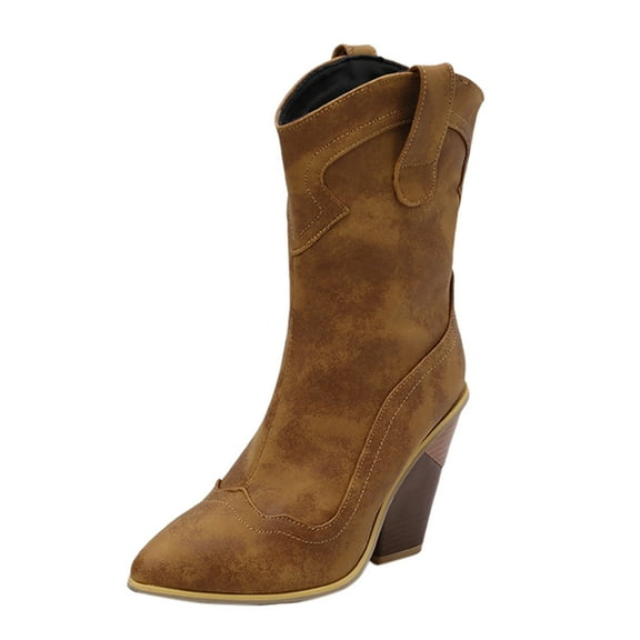 Xiaoxatg Women's Mid-Calf Boots Cowboy Boots For Women Western Boot Pointed Toe Low Heel Short Ankle Booties 8.5 Brown