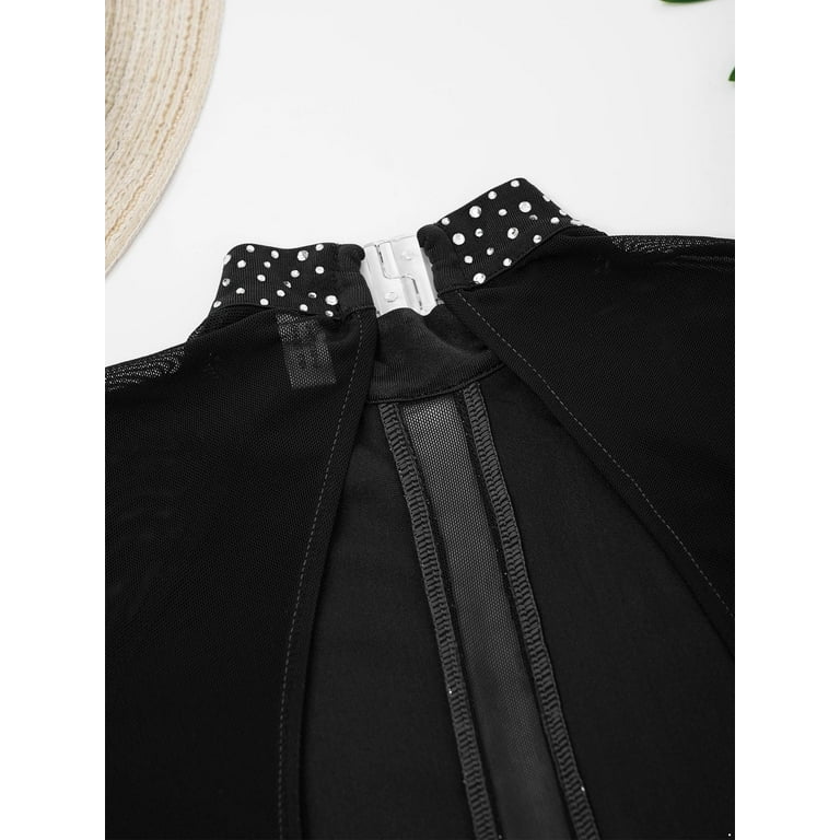 Alvivi Girls Shiny Diamond Hollow Back Figure Ice Skating Dress Long Sleeve  Mesh Splice Ballet Dresses Black 10 - Walmart.com