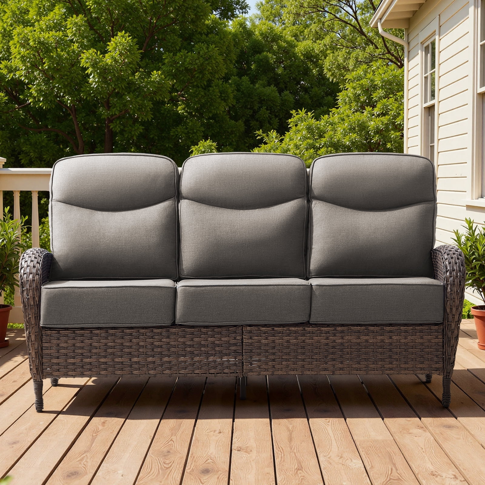 POCASSY 6-Inch Thick Cushion High Back Outdoor Wicker Patio Sofa, All Weather Brown Wicker Furniture 3-Seater Sofa Patio Couch for Porch Balcony Deck, Gray Cushion