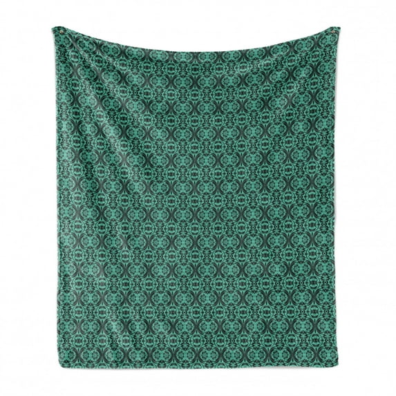 Damask Soft Flannel Fleece Blanket, Baroque Style Foliage Ornament with Rococo Curves and Renaissance Elements, Cozy Plush for Indoor and Outdoor Use, 70" x 90", Sea Green and Black, by Ambesonne