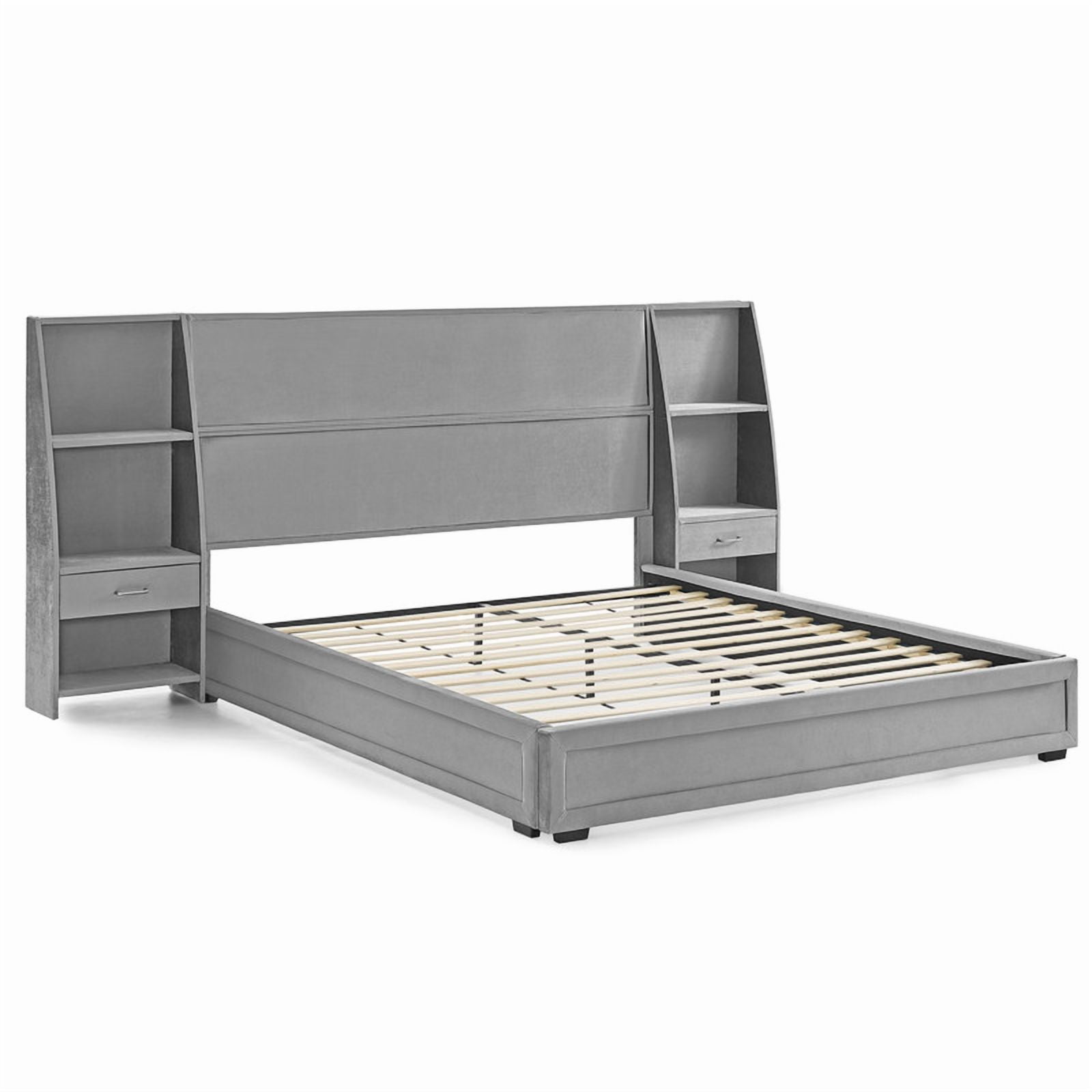 Queen/King Size Modern Upholstered Platform Bed Frame, Velvet Storage Bed with Headboard, Side Bookcases & Drawers Nightstand