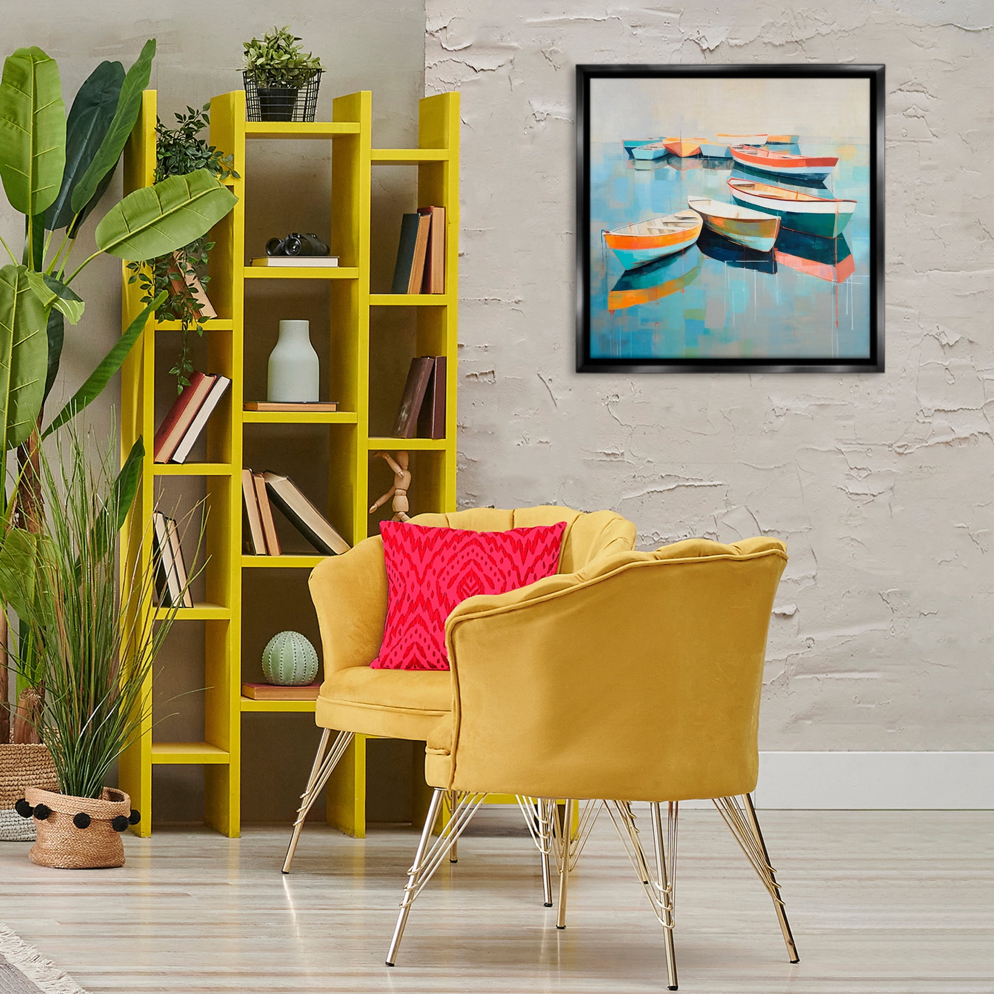 Stupell Industries Boats on Shoreline Transportation Painting Black Floater Framed Canvas Art Print Wall Art, 25 x 25