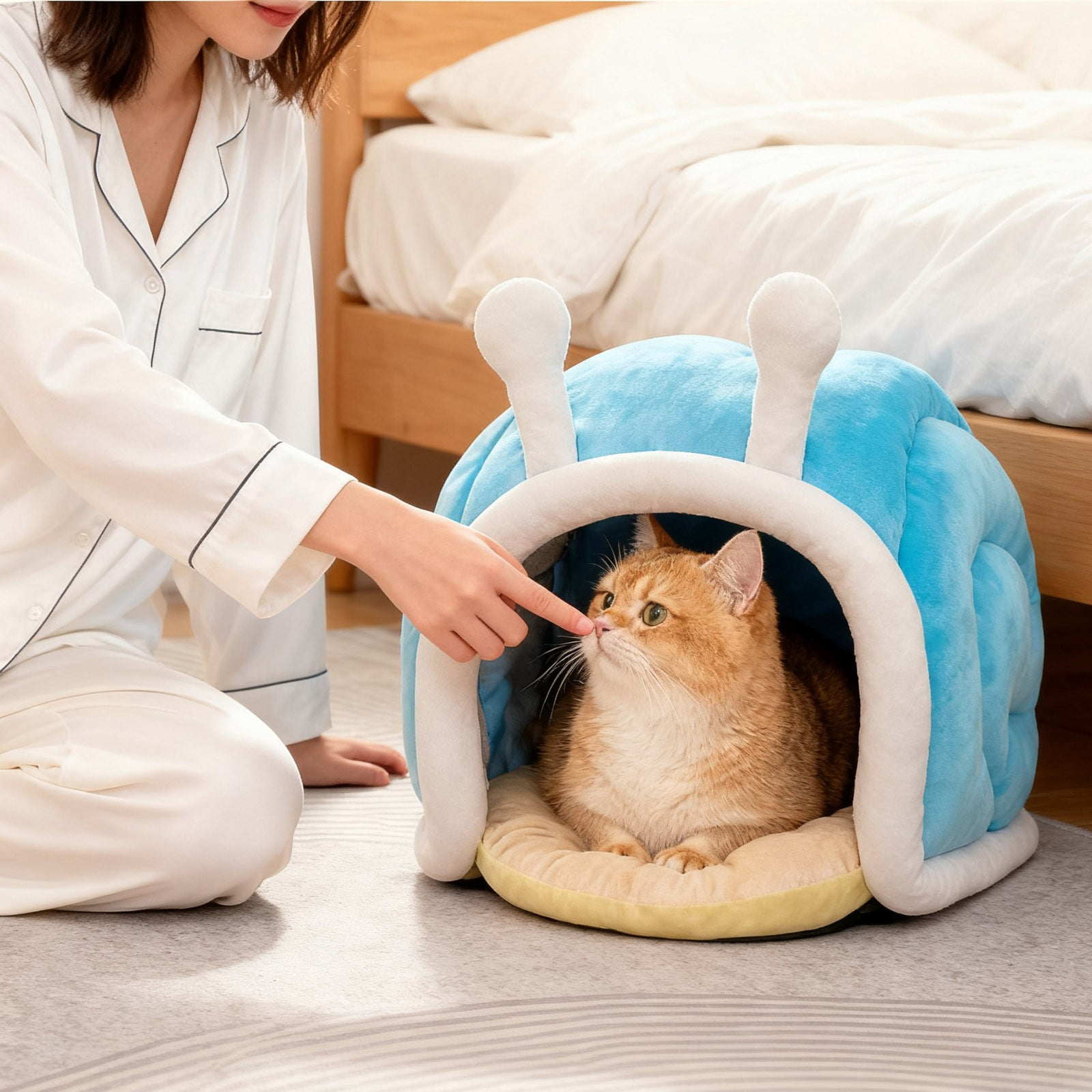 Cat Bed Cave Enclosed Snail Shape - Warm Cozy Hideaway for Indoor Cats, Small Dogs & Kittens, Winter Covered Bed Non- Bottom