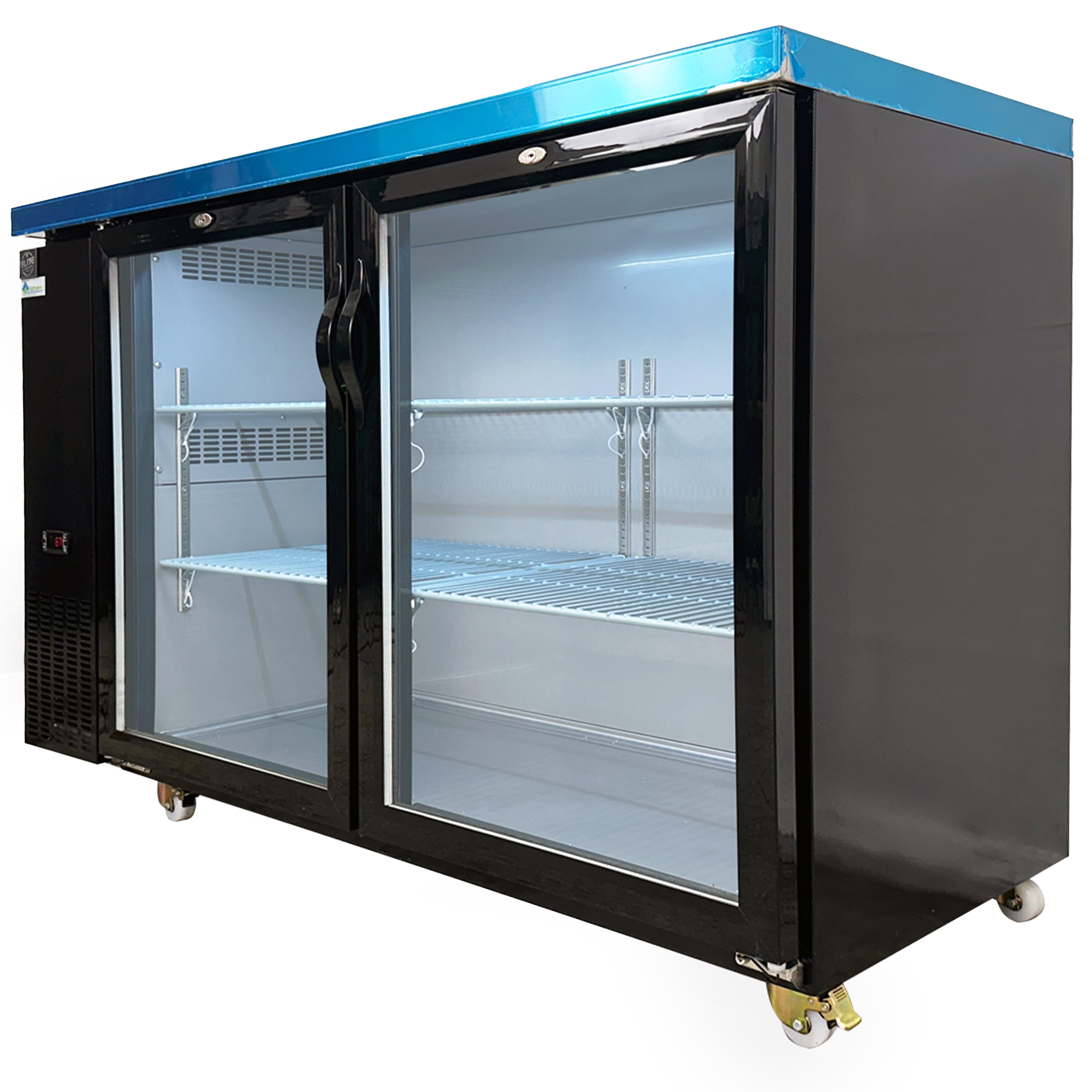 Back Bar Cooler, 57” Double Glass Door Beverage Refrigerator, 16 cu.ft., Stainless Interior, R290 Eco Refrigerant, 115V/60Hz