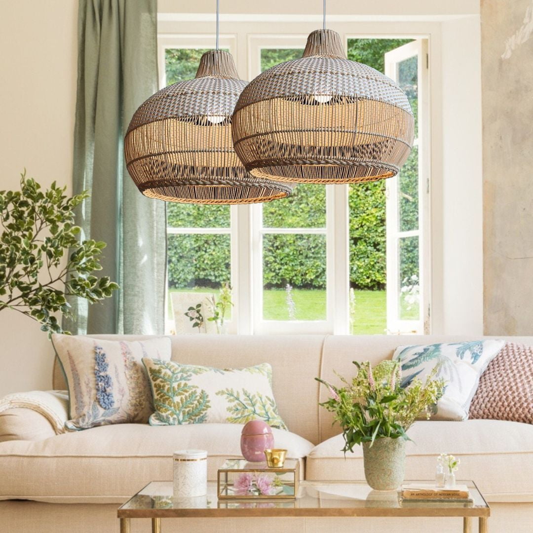 Arturesthome White Handwoven Rattan Boho Pendant Lighting Fixtures Wicker Hanging Ceiling Light Chandelier Handmade Woven Basket Lampshade- Lights