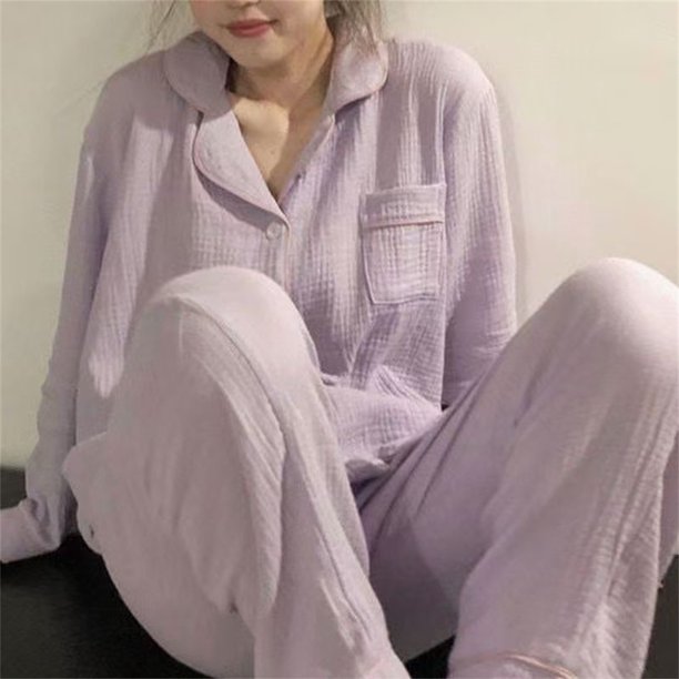 Conjunto de Pijamas para mujer, cárdigan con botones de Color sólido, ropa de casa informal de manga larga, conjunto de Pijamas para mujer