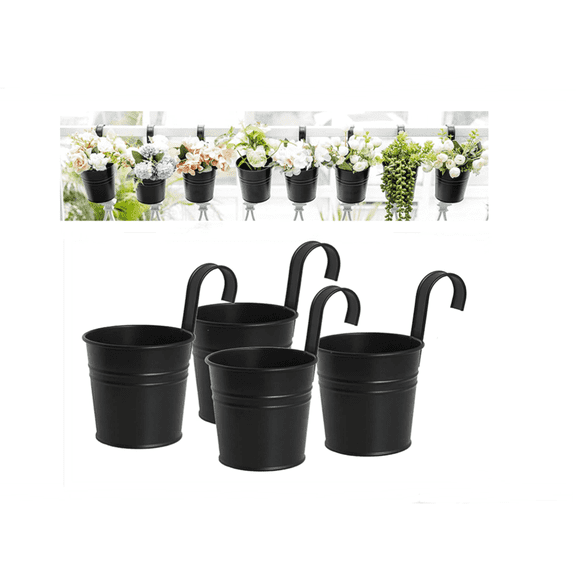 Topboutique 4 Pack Hanging Plant Pots, 3.9'' Metal Fence Planters with Detachable Hook & Drain Hole, Iron Flower Pots Balcony Planter Hanging Plant Pots for Outdoor Fence Rail