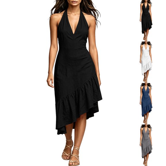 Lenago Summer Outfits for Women 2026 Women's Fashion Crewneck Loose Half Sleeve Solid Knee-Length Dress Black Xl