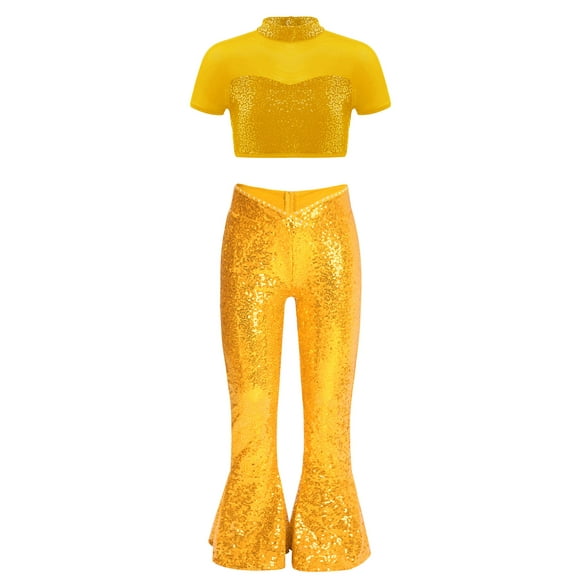 YiZYiF Girls 2 Piece Dance Outfits Glitter Sequins Mock Neck Crop Tops with Flared Pants Dancing Set Gold 8