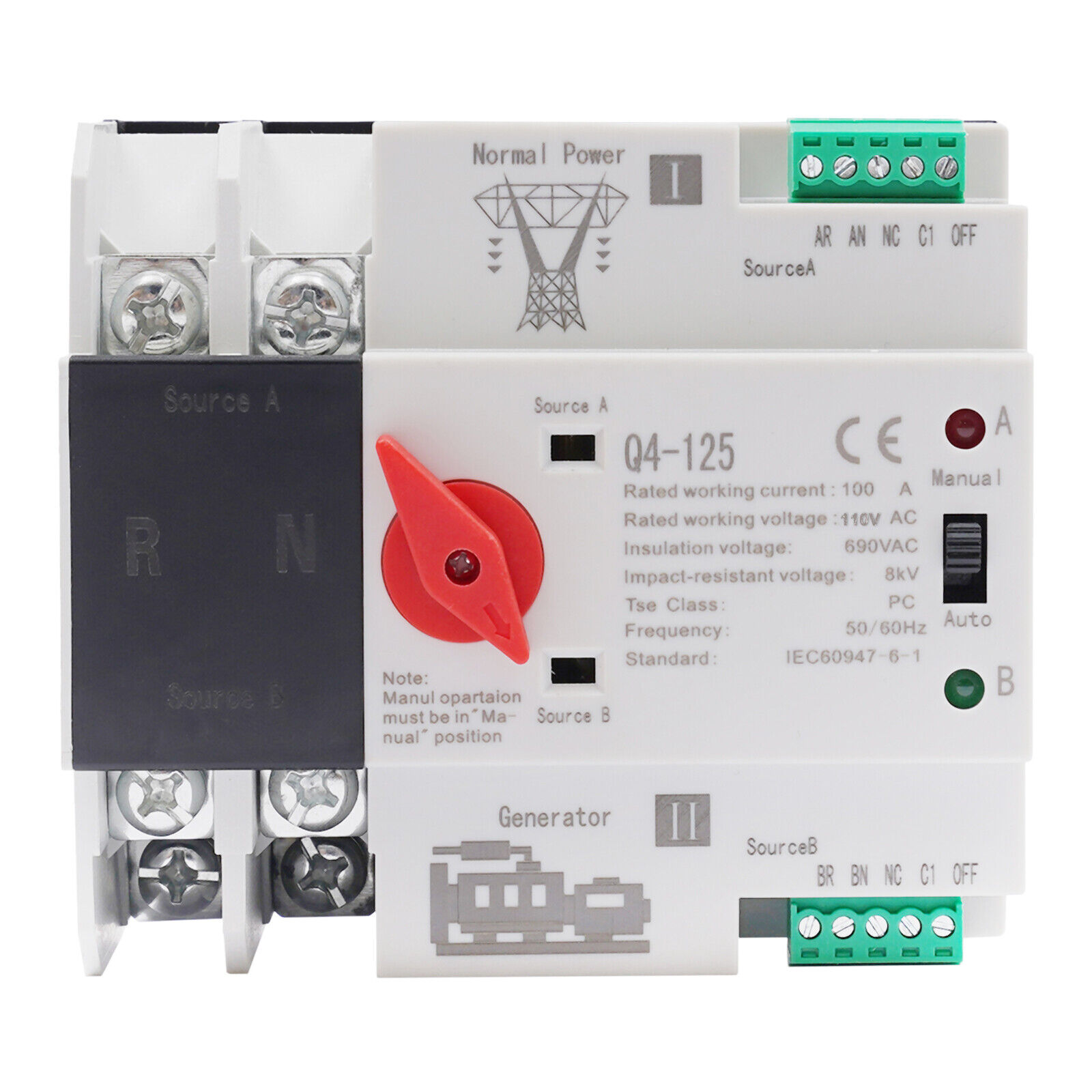 Miumaeov 110V Mini Dual Power Automatic Transfer Switch Generator Changeover Switch Tool 2P 100A