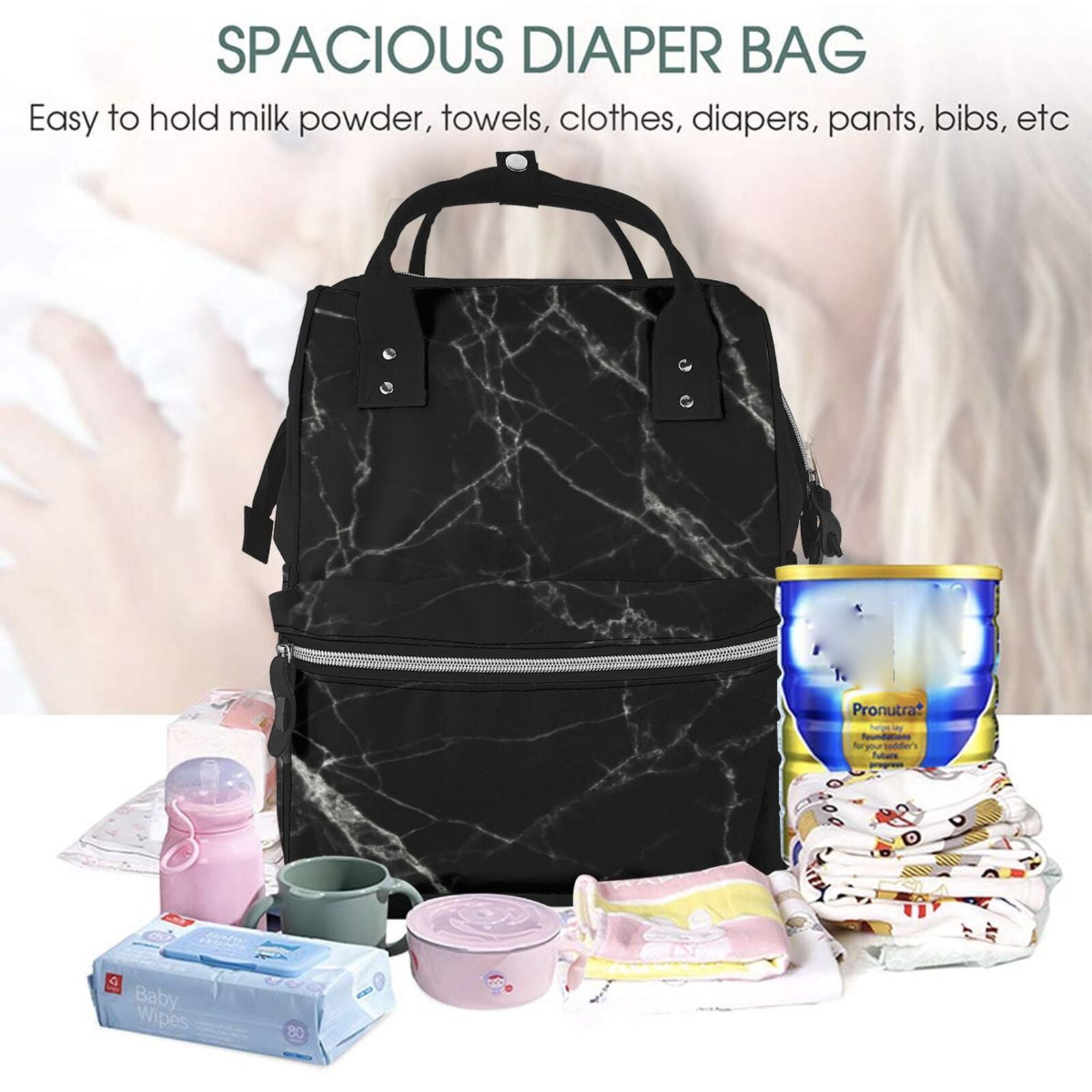 Ratiio Black Marble Texture Abstract Mummy Backpack - Waterproof Twill Canvas, Large Capacity Diaper Bag with Multiple Pockets and Adjustable Straps