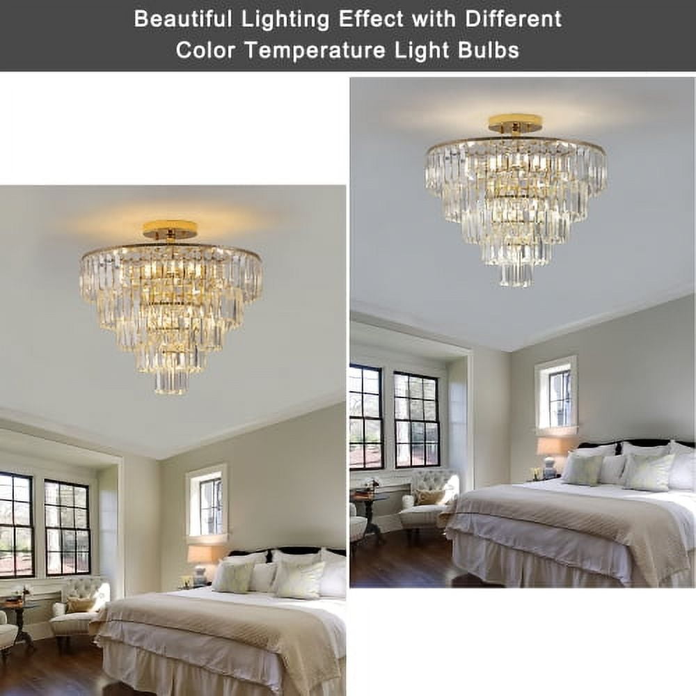 ACE-LIGHTS,5-Tier Golden Crystal Semi Flush Mount Chandelier Light Fixture,Large Contemporary Luxury Ceiling Lighting for Living Room,Bedroom,Dining Room,Hallway,Restaurants,Holels,Bars(Golden)