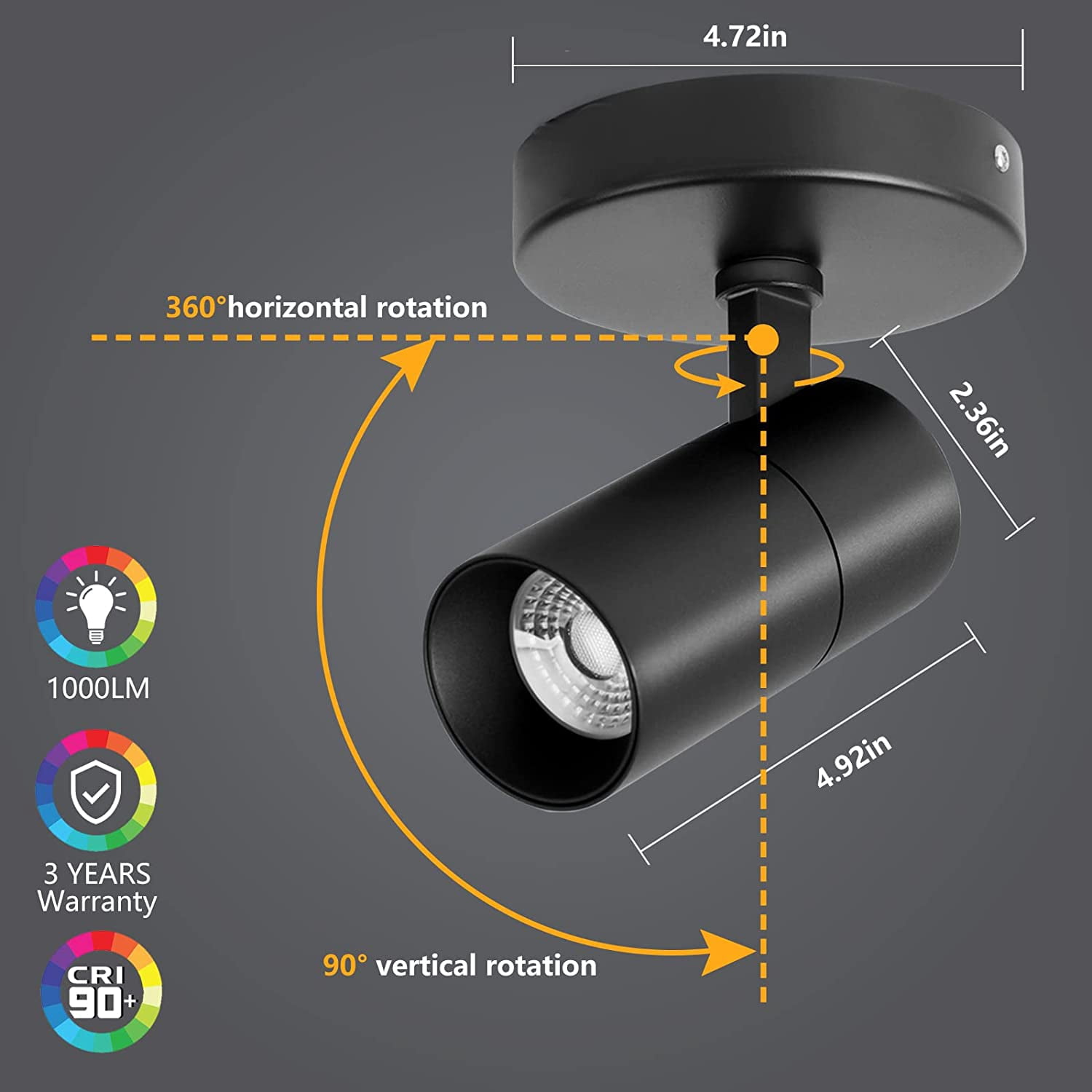 VANoopee 3-Color Dimmable LED Ceiling Spotlight Flush Mount Adjustable Spotlight Directional Spot Lights Indoor Bright Accent Fixture for Living Room Bedroom - CRI90 36° Flicker Free 10W 1000lm Black