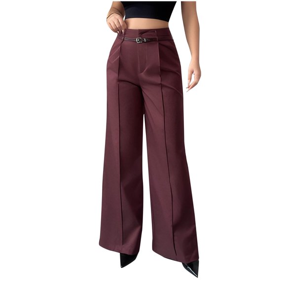RYRJJ Womens Wide Leg Dress Pants High Waisted Straight Wide Leg Slacks Pants Business Office Work Lounge Trousers with Pockets(Wine;XL)