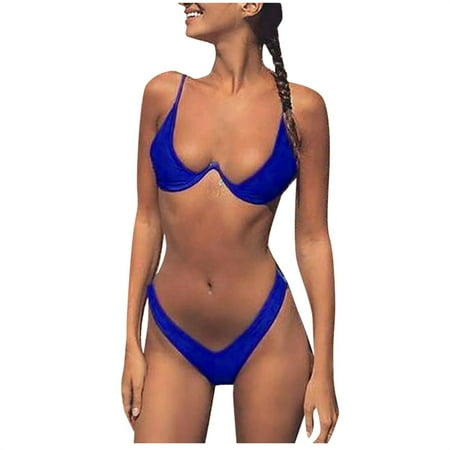 2 Piece Bikinis V-Neck for Women Anti-strip Solid Color Cut Out High Lace Up Two Bikini Set Fashionable Swimwear 2025 Blue