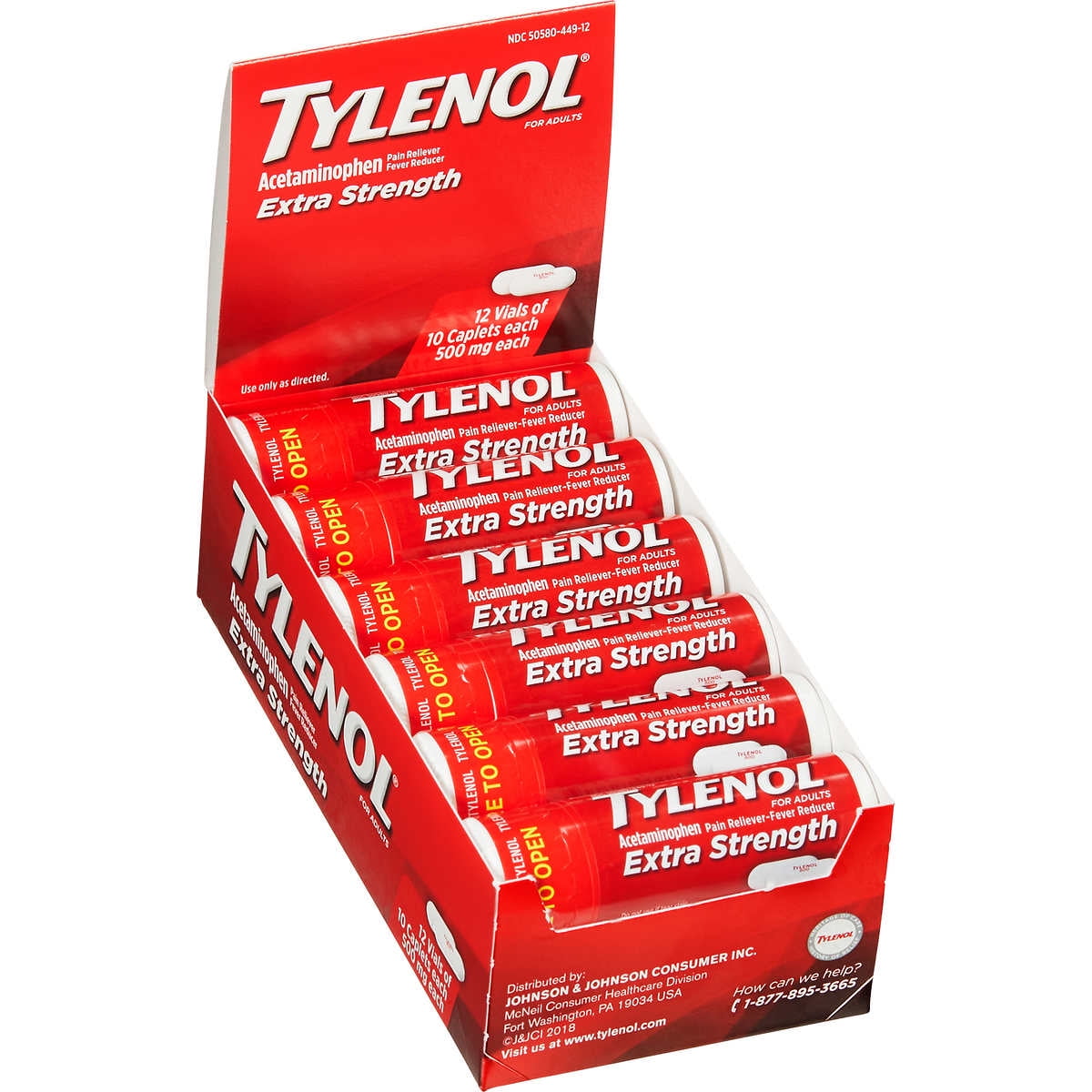 Tylenol Extra Strength Caplet Vial Rack, Pain Reliever & Fever Reducer, 10 X 12 Count