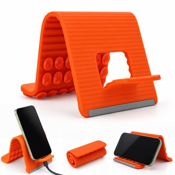 YouAan 1Pc Silicone Aluminum Phone Stand, Flexible Foldable Adjustable Anti-Slip Desktop Holder for Phone, Tablet, Laptop, Orange