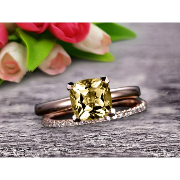 Shining Bridal Set 7mm Cushion Cut Gemstone 1.80 Carat Champagne Diamond Moissanite Engagement Ring Set Handmade Solid 10k Rose Gold Art Deco