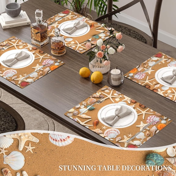 MIZHONA Ocean Beach Placemats Set of 4,Coastal Seashell Linen Table Mats for Table Decorations 12x18 in