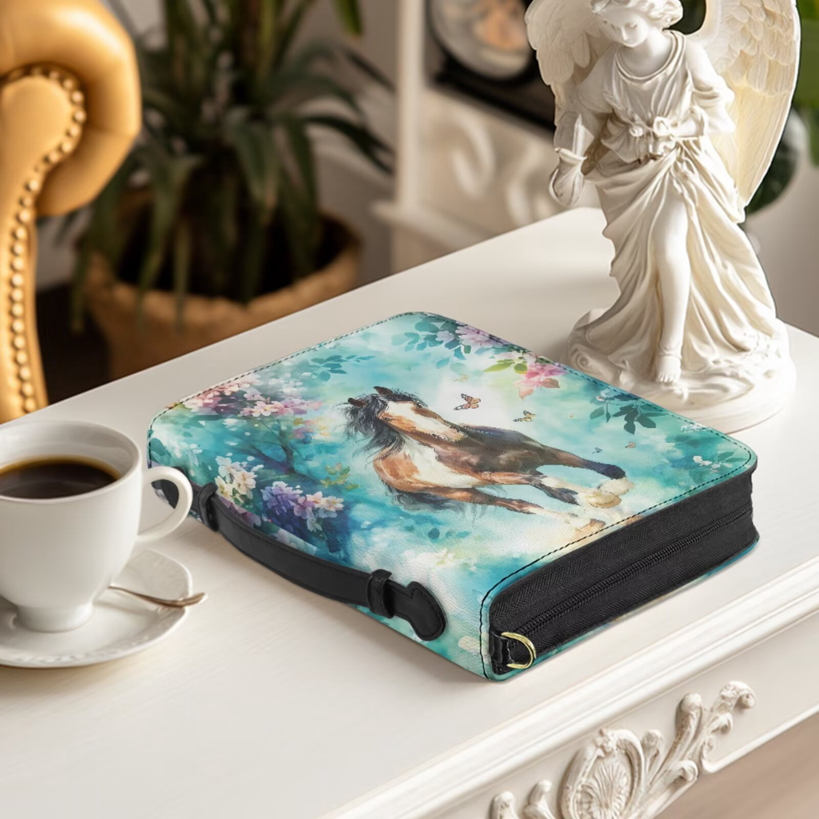 Kuiaobaty Horse Butterfly Flower Print Bible Case for Women Lady Lightweight Bible Cover with Leather Bookmark Sturdy Mens Christian Bible Study Accessories for Church, Blue