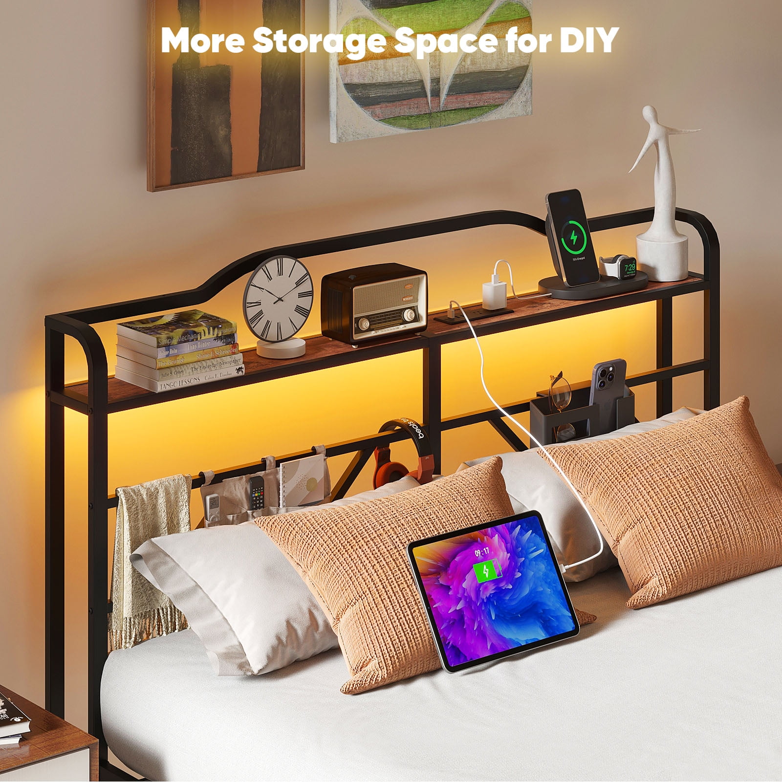 NISIEN Queen Size Bed Frame with LED Storage Headboard & Charging Station, Metal Platform Bed, Black