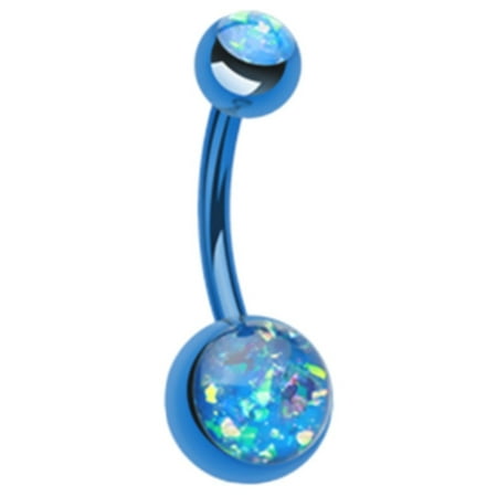 Glitter Belly Ring Double Ball Opalescent Glitter Belly Button Navel Ring Non-Dangle Vivid Color Steel ()