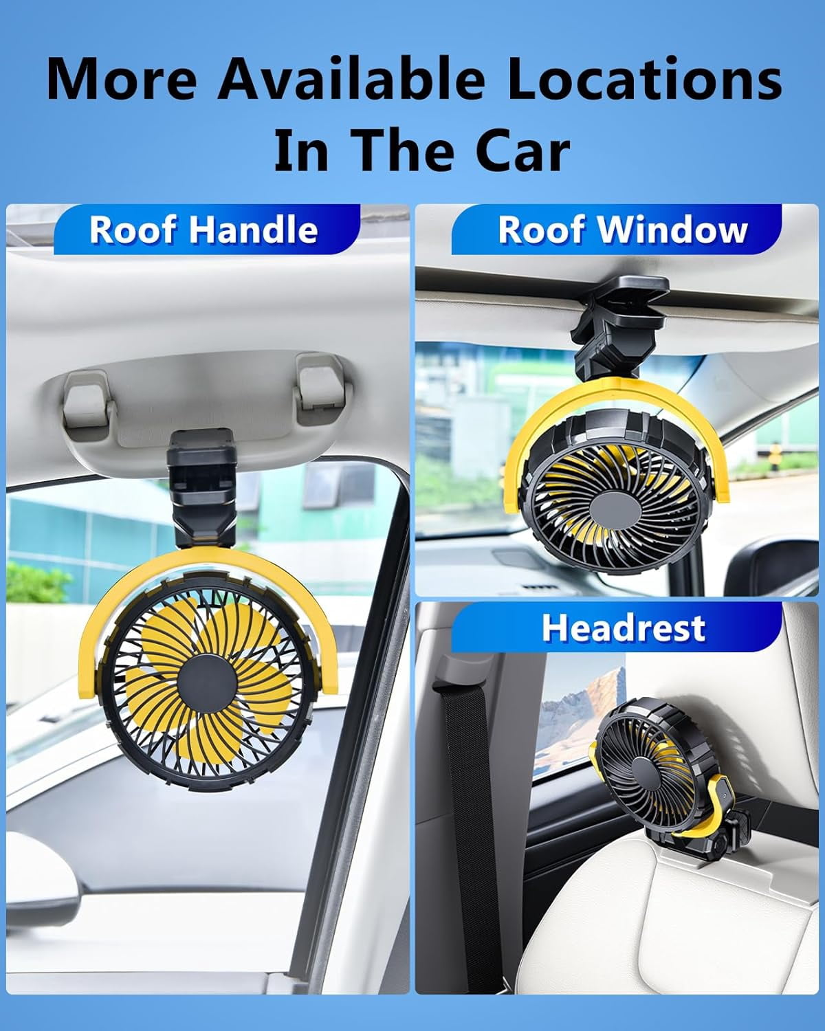 Battery Powered Clip On Fan for Car Visor Back Seat Roof Handles, Portable Car Fan Rechargeable for SUV Van RV Pickup Truck Camping Desk Bed Stroller Baby Crib, Quiet 360 Rotation(Yellow)
