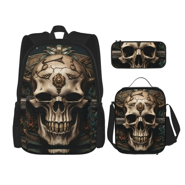 Disketp Metal Style Horned Skull Mochila Estampada de Gran Capacidad con Lonchera y Estuche, Set de 3 Piezas para Estudiantes