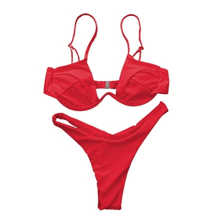 

HoCX Sexy Women Solid Color Swimsuit Underwired Bra G-string Briefs Beach Bikini Set
