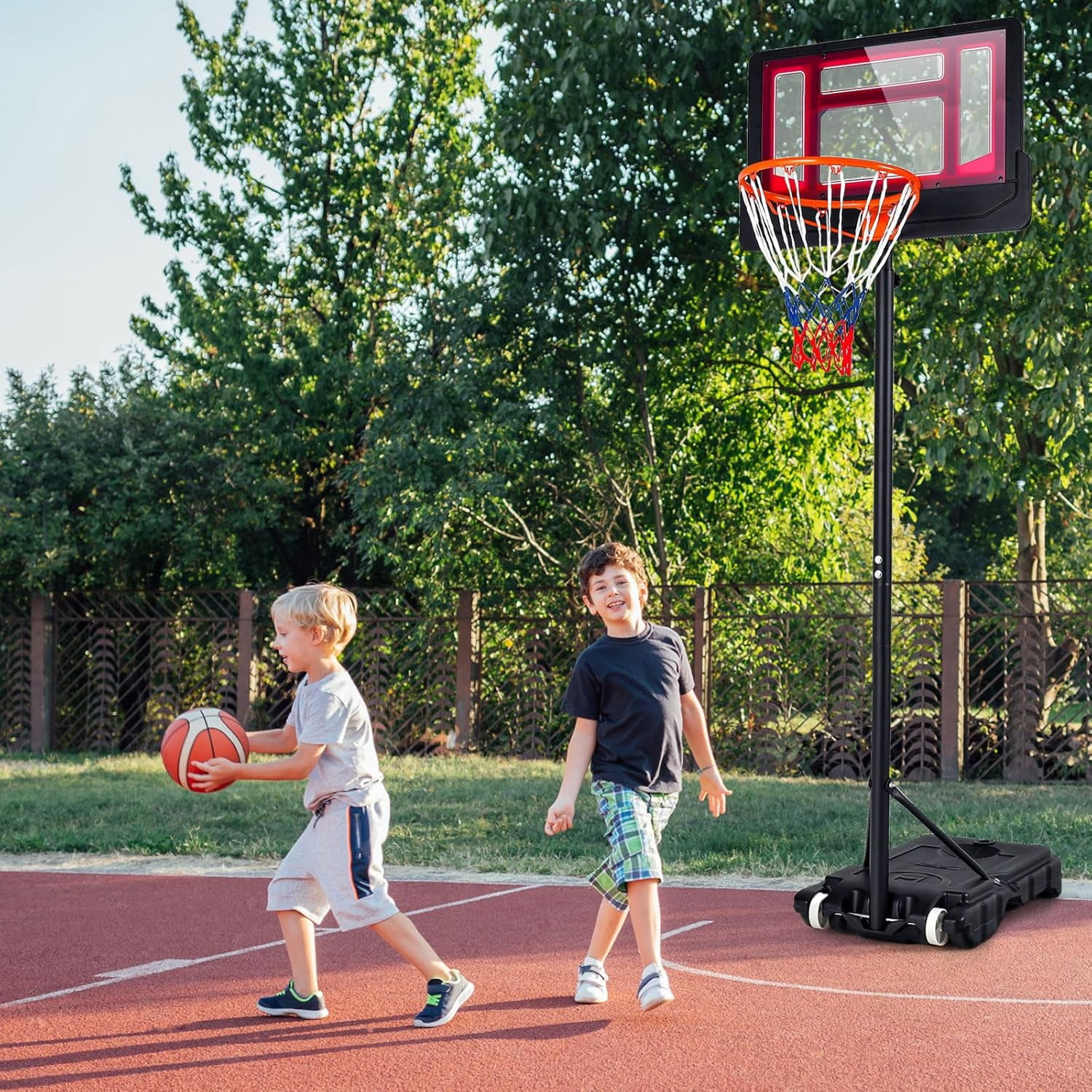 Basketball Hoop Outdoor Indoor, 4.3 FT-8.2 FT Height Adjustable Basketball Goal Court System w/Fillable Base, Backboard & 2 Wheels, Portable Basketball Hoop for Kids Backyard Driveway