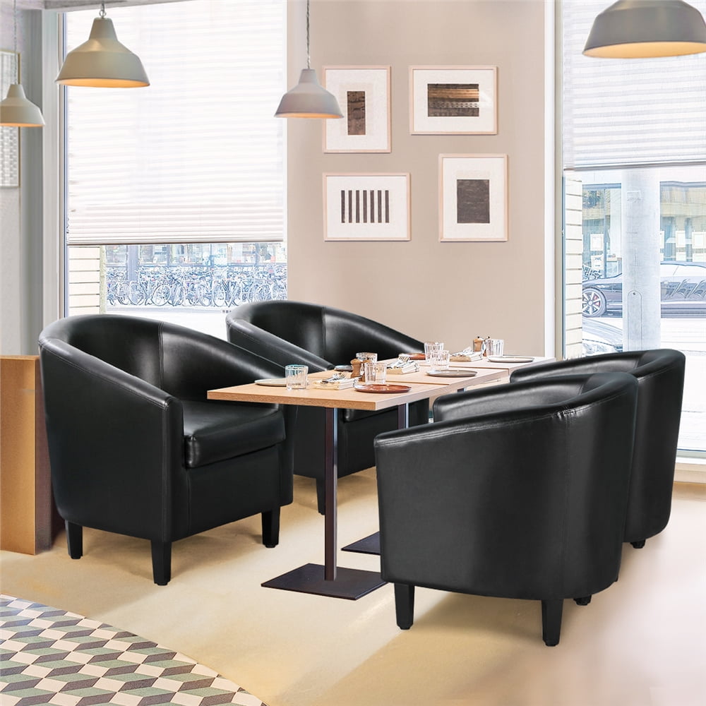 Renwick Upholstered Club Arm Wood Living Room Pair, Faux Leather Barrel Accent Chair, Set of 2, Black  (图3)