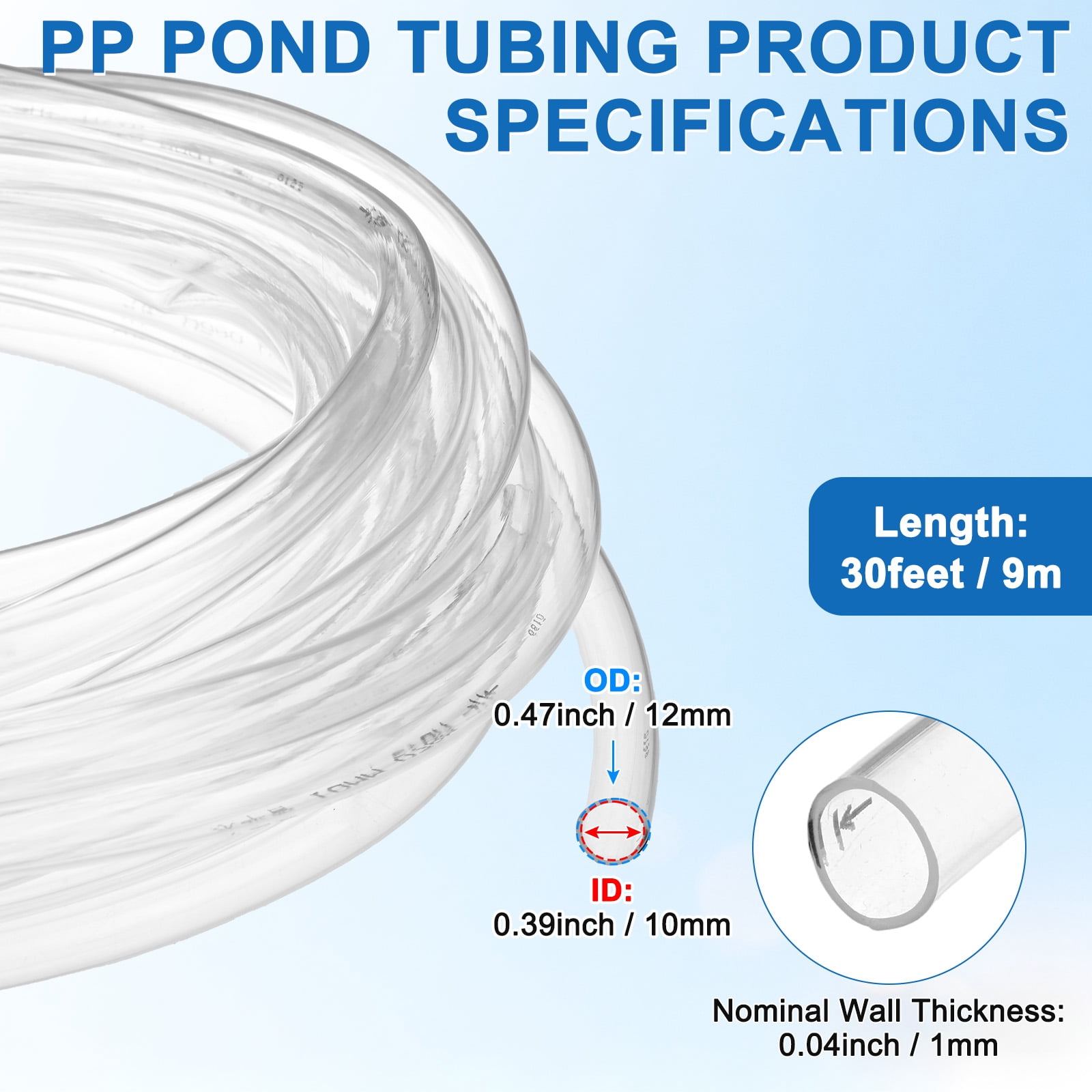 Uxcell Vinyl Tubing 0.39" ID x 0.47" OD 30ft Flexible Plastic Tube With 2 Hose Ties, Lightweight Hybrid Hose for Water Gardening [Clear]