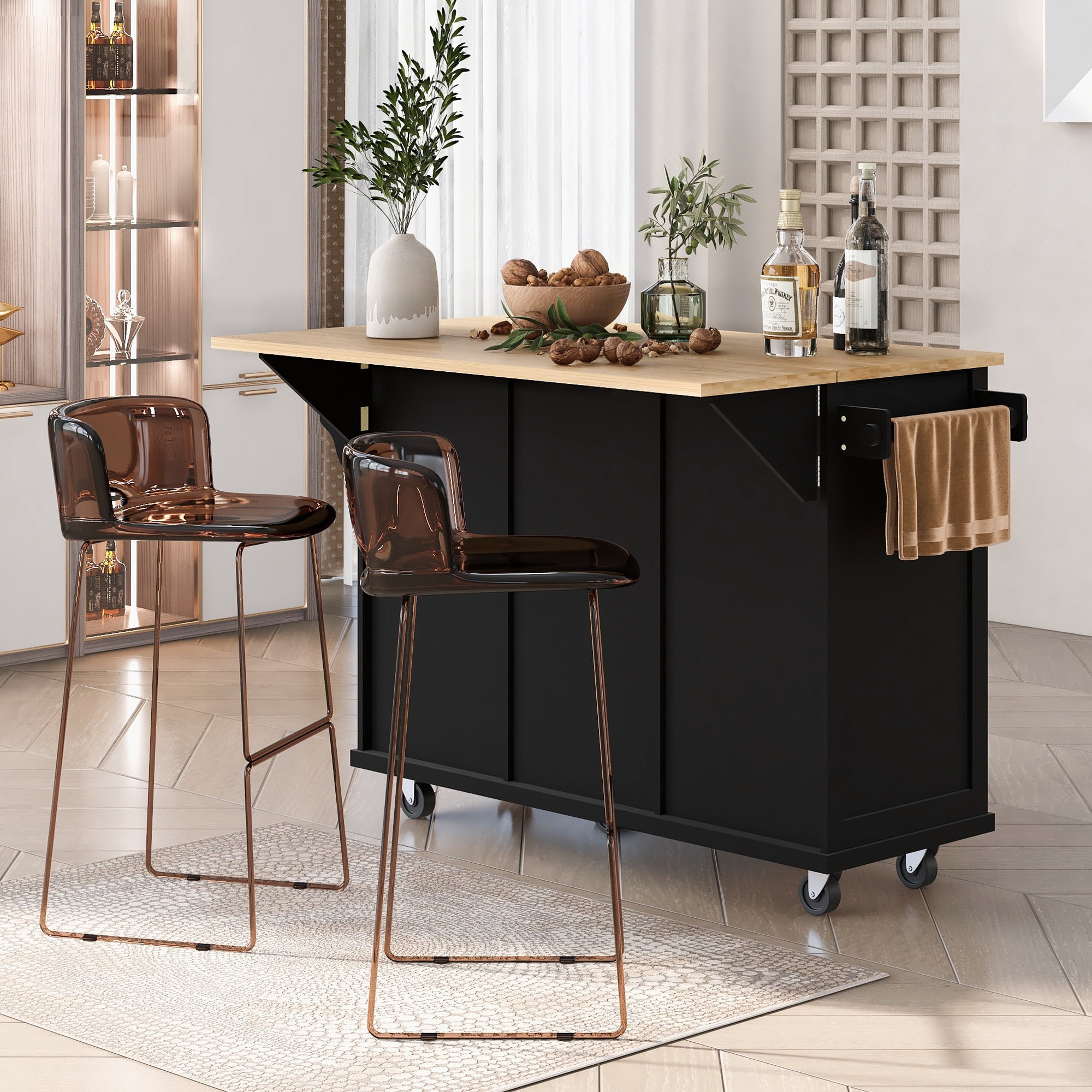 Kitchen Cart with 3 Drawers,Rolling Kitchen Island with Rubber wood Drop-Leaf Countertop,Storage Cabinet,Black