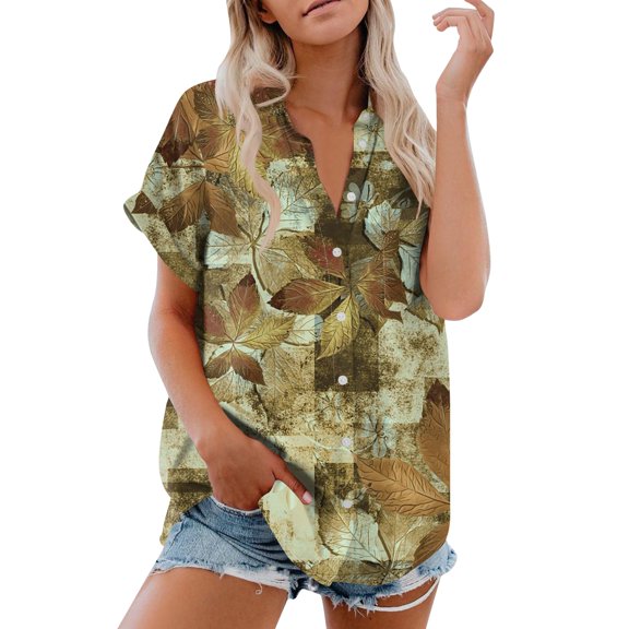 Women's Short Sleeved Shirt, Daily Fashion Printed Button Top, Chest Pocket Cardigan