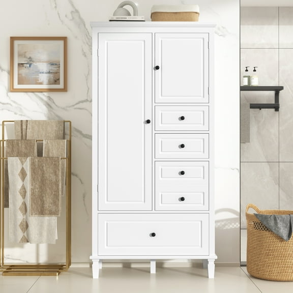 Tall and wide storage cabinet with four drawers of different sizes, durable, generous storage space, easy to assemble, with adjustable shelves and doors, suitable for bathrooms/indoors, white