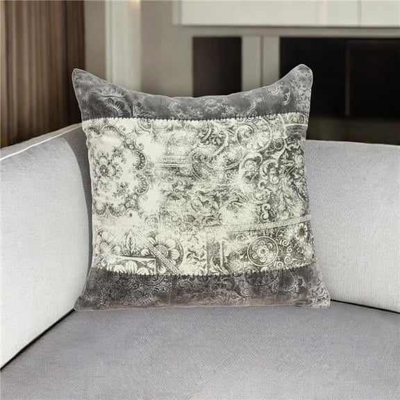 HomeRoots 529339 20 in. Beige & Gray Damask Cotton Throw Pillow