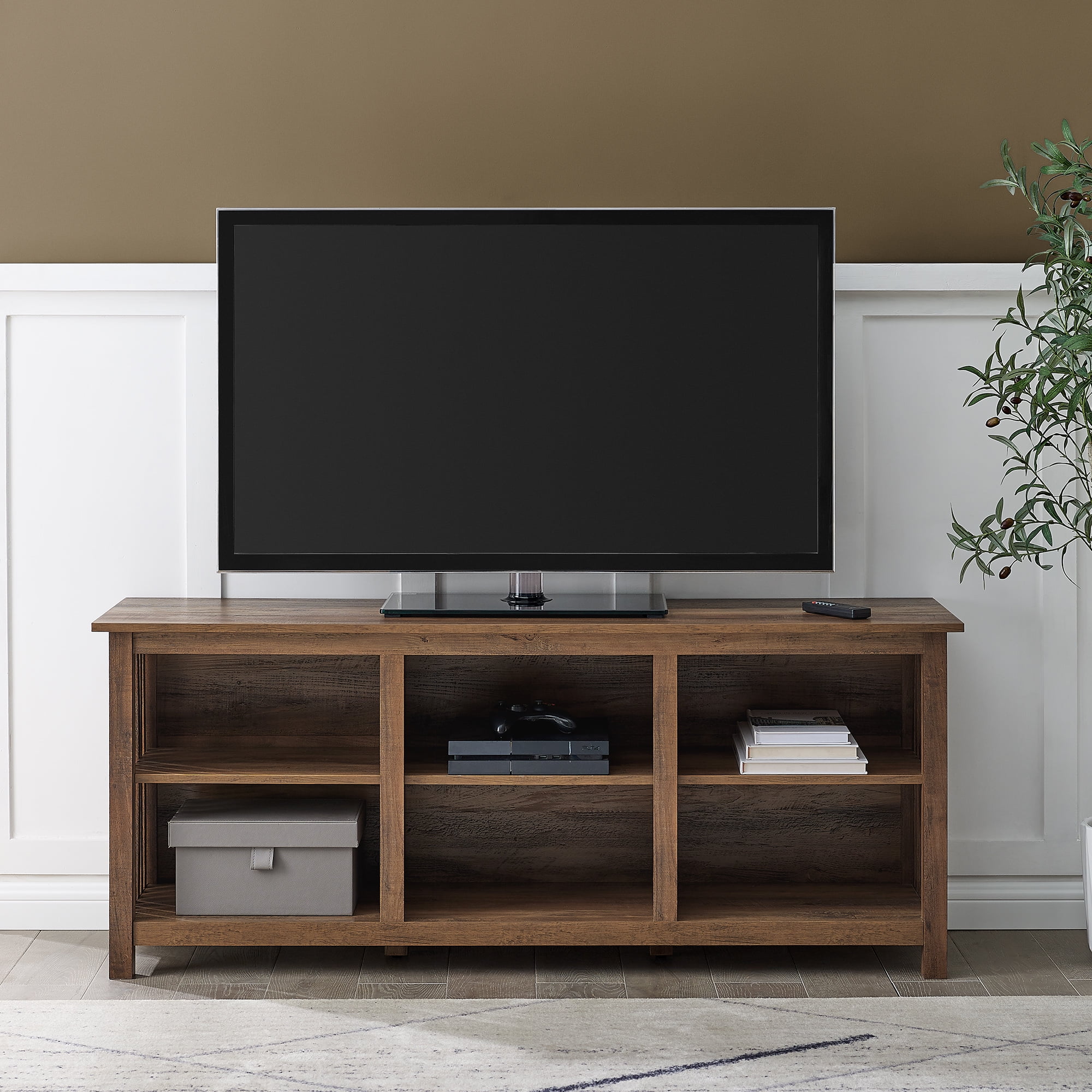 Walker Edison Mission Slatted Side TV Stand for TVs up to 65”, Rustic Oak