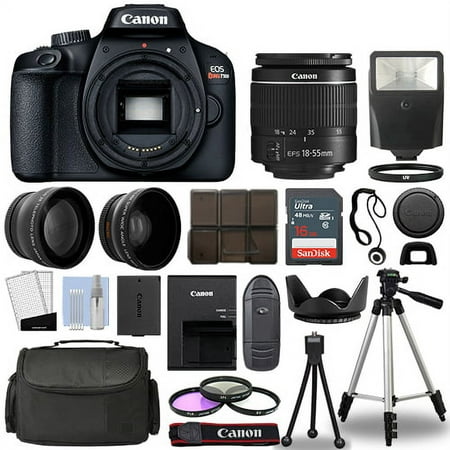 Image of Canon EOS Rebel T100 DSLR Camera Body + 3 Lens Kit 18-55mm + 16GB + Flash & More