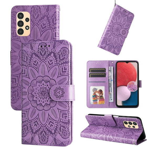 Wallet Case for Samsung Galaxy A14 5G, Exquisite Flower Embossed Pattern Magnetic Clasp PU Leather Flip Folio Cover with Kickstand Card Slots Holder Soft Silicone Shockproof Case,Purple