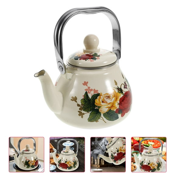 BESTONZON Retro Enamel Tea Pot with Built in Strainer Floral Design Large Capacity Water Pot