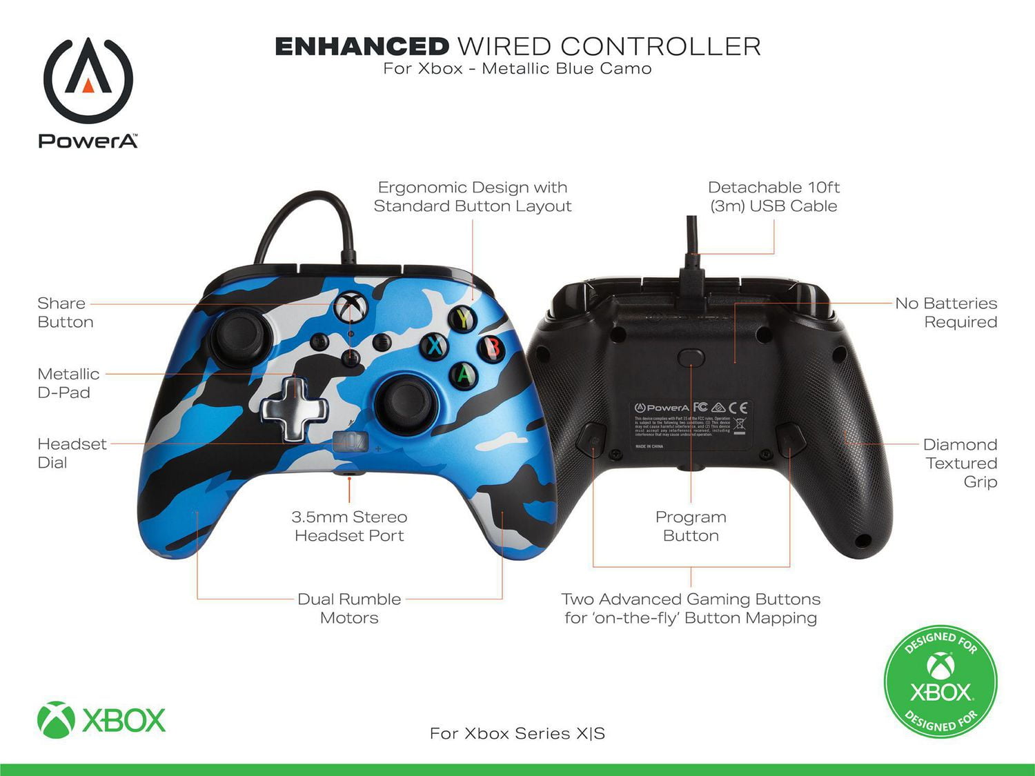 PowerA Enhanced Wired Controller for Xbox - Metallic Blue Camo; gamepad, wired video game controller, gaming controller, Xbox Series X|S, Xbox Series X|S