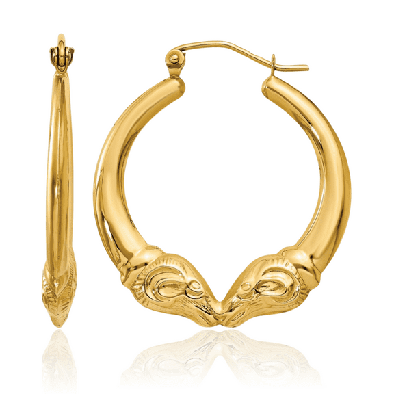 14K Solid Yellow Gold Ram Medium Hoop Earrings
