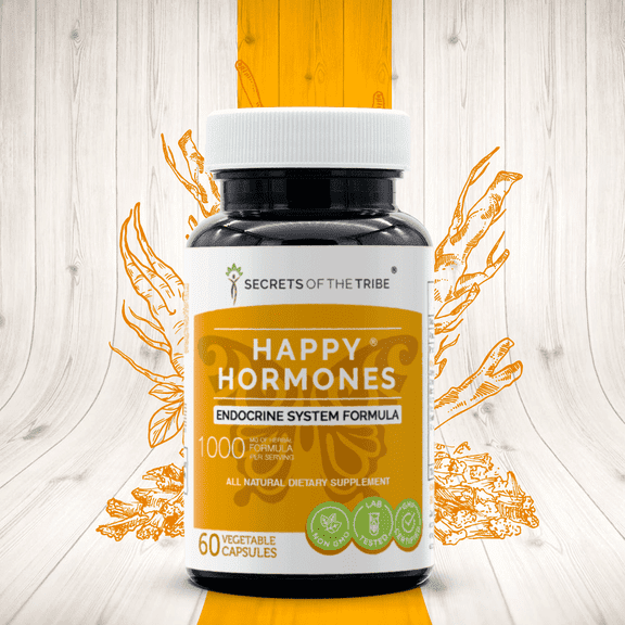 Secrets of the Tribe Happy Hormones Capsules Dietary Supplement, Natural Herb Blend, Made from Ashwagandha, Astragalus, Licorice, Stinging Nettle, Rhodiola, Eleuthero Siberian Ginseng 60 Count