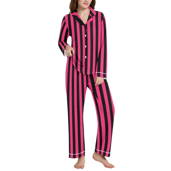 joogoo Pajamas Set for Women Pink and Black Stripe Pattern Long Sleeve Pjs Loungewear L
