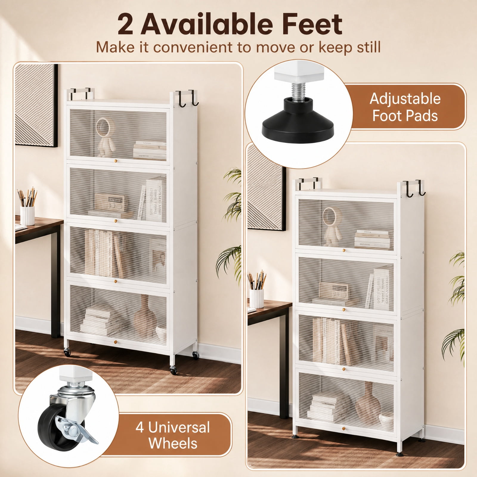 Furnibear 5 Tier Kitchen Storage Cabinet with 4 Flip Up Doors Rolling Wheels and Hooks Tall Metal Pantry for Kitchen and Garage, White