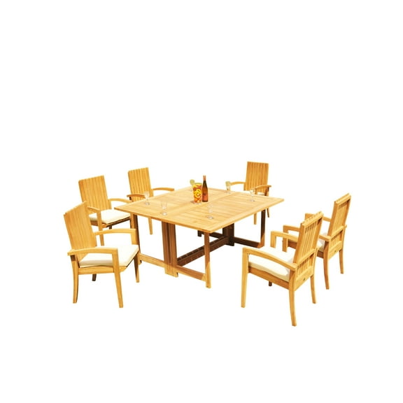 Grade-A Teak Dining Set: 6 Seater 7 Pc: 60" Square Rectangle Butterfly Table And 6 Goa Stackng Arm Chairs Outdoor Patio WholesaleTeak #51GO1407