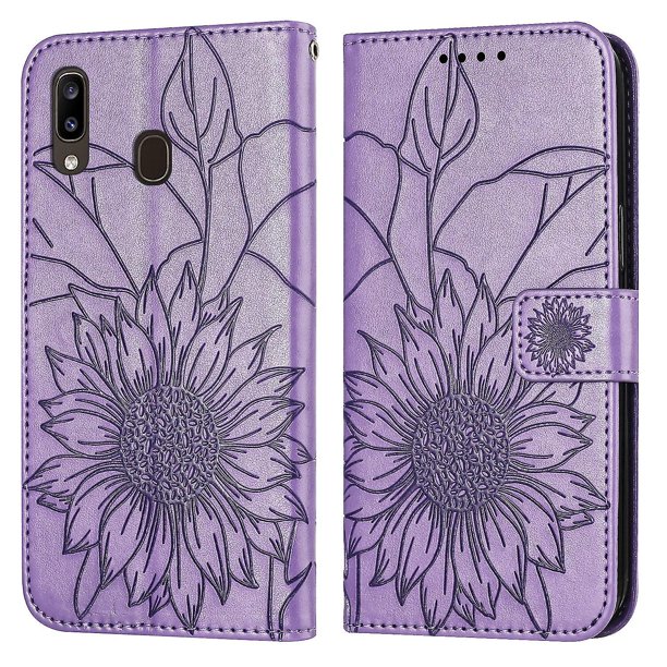 Funda tipo cartera con girasoles grabados para Samsung A40, elegante, multifuncional y con protección total.